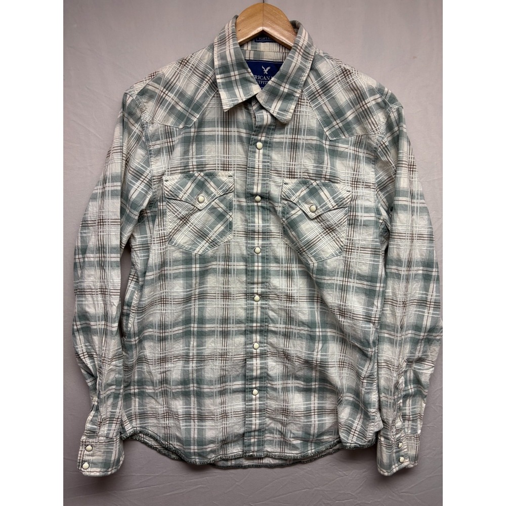 American Eagle Outfitters Western Shirt Mens Green Plaid Snap Vintage Fit Medium